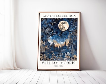 William Morris Moon Print, Full Moon Poster, Vintage Celestial Night Sky Poster, Botanical Wall Art