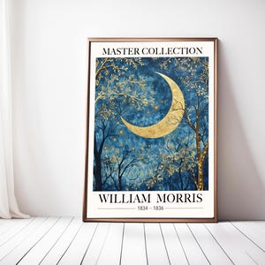 William Morris Print Vintage, Moon Wall Art, Vintage Moon print. Golden Wall Art, Celestial Moon Print, Woodland Print, Wildflowers Wall Art