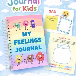 May include: A spiral-bound "Feelings Journal for Kids" with a rainbow cover and the text "My Feelings Journal." Includes pages for self-reflection, a "Check-In" page, and the text "Fun Activities to Manage Feelings," "Learn About Emotions," and "Develop Positive Self-Regulation."