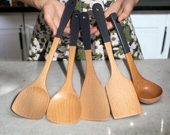 Wooden Beech Wood Spatula Long Handle Cooking Spatula Household Non-Stick Pot Wooden Spatula Rice Spoon Wooden Soup Spoon Kitchen Utensils