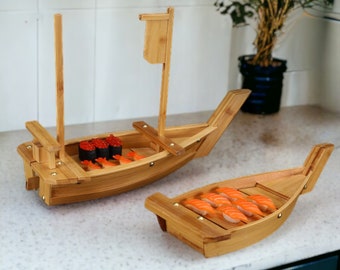 Sushi bamboo boat, Japanese style, serving sushi, wooden dragon boat, dinnerware, chopsticks, wooden boat, plates, kitchen utensils