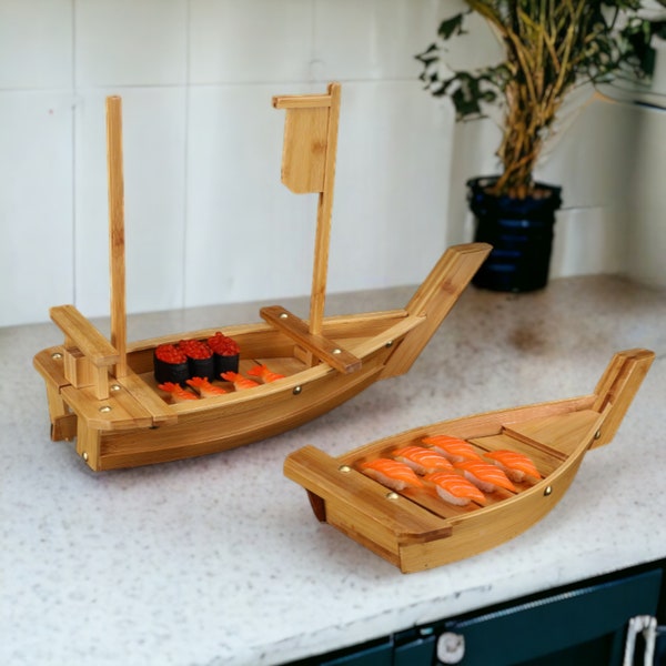 Sushi bamboo boat, Japanese style, serving sushi, wooden dragon boat, dinnerware, chopsticks, wooden boat, plates, kitchen utensils