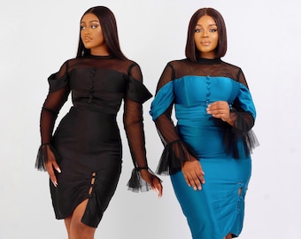 Elegant Celine Midi Dress - Chic Black Sheer Sleeve & Teal Cocktail Dress with Tulle Accents, Fashionable Party Wear for Women Plus Size