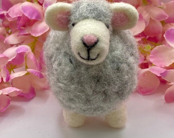 Needle Felted Grey Standing Sheep -  Handmade Light Grey Fluffy Smiling Sheep - Handmade Gift - Decoration.