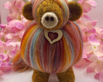 Handmade Needle Felted Highland Cow - Striped Merino Wool Cow Gift / Home Decor.