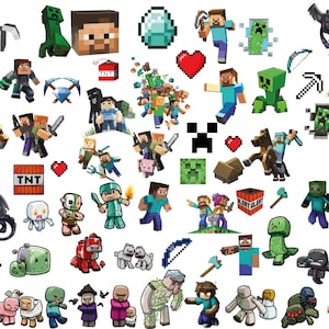 May include: A collection of colourful Minecraft character stickers featuring a variety of characters, including Steve, Creeper, Enderman, and more. The stickers are perfect for decorating laptops, water bottles, notebooks, and other surfaces.