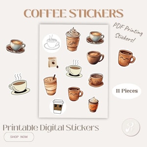 Coffee Sticker Bundle | Printable Coffee Stickers | Aesthetic Planner Stickers | PDF Sticker Sheet | Digital Sticker