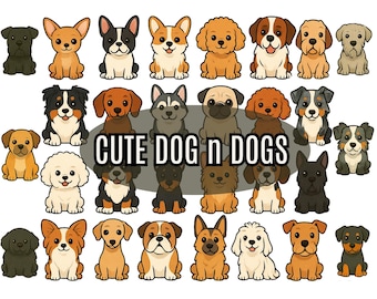 Süße Hunde Clipart Bundle, niedlicher Welpe PNG, Cartoon Hund, 30 hochwertige Bilder, druckbare Tiere, SVG PNG Pdf, Hund Silhouette SVG-Aufkleber