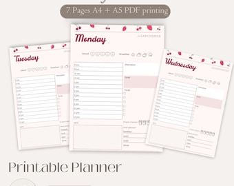 Minimaler Tagesplaner, druckbarer Planer, Personal Planer, Kirsche und Erdbeere, A4-A5