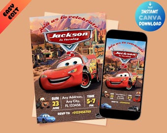 Cars Birthday Invitation, Lightning McQueen Invitation, Kids Birthday Invitation, Editable Personalized Canva Printable Digital Invitation