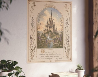 May include: A rectangular wall poster featuring an arched illustration of a tall castle on a hill with a waterfall, surrounded by flowers and a crescent moon. The text reads: Once upon a time in a land long since burned to ash, there lived a young princess who loved her kingdom... very much.
