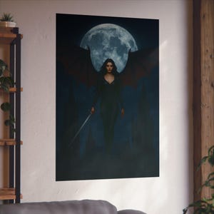 Oraya Flying with Sword Poster | Dark Fantasy Fan Art | Crowns of Nyaxia Merch | Gothic Vampire Decor | The Serpent & The Wings of Night