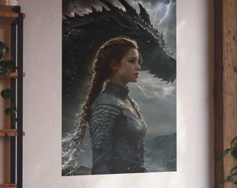 May include: A woman with long brown hair wearing a dark grey, armored jacket stands with a large black dragon behind her. The dragon has a long snout and sharp teeth. The background is a stormy sky with lightning.