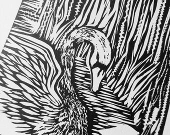 Swan Lino Cut Print | Handmade Limited Art Prints