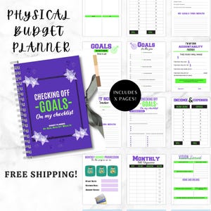 May include: A purple spiral-bound budget planner with the text "CHECKING OFF -GOALS- On my checklist." The planner includes pages for goals, income, expenses, and savings. The cover has star designs and the words "PHYSICAL BUDGET PLANNER."