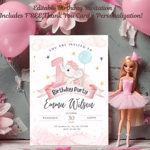 Invito per il primo compleanno di una bambina con elefante rosa / Modello Canva modificabile / Biglietto di auguri per il primo compleanno / Download digitale / Invito per la festa stampabile