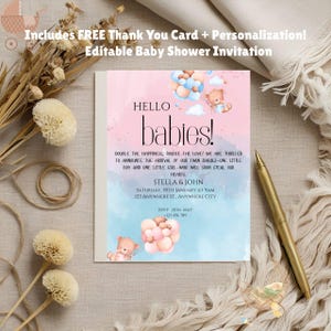 Hello Babies Twins-babyshoweruitnodiging | Canvassjabloon jongen en meisje | Bewerkbare digitale uitnodiging | Afdrukbare tweelingkaart | Direct downloaden