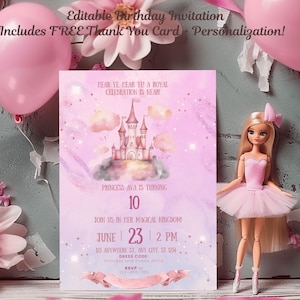 Prinzessin 10.Geburtstags-Einladung Mädchen | Bearbeitbare rosa Canva Vorlage | Zweistellige Geburtstagskarte | Digitale Party einladen | Sofort Download