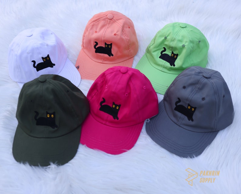 Embroidered Black Cat Camping Hats, Cute Cat Summer Hats, Couple Matching Black Caps, Low Profile Cotton Caps, Easyfit Adjustable Hats Gifts zdjęcie 3