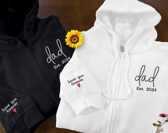 Embroidered Dad Zip Up Hoodie, Custom Text and Heart on Sleeve Hoodie, Personalized Est Date Mom Hoodies, Father Day Gifts for Grandmother