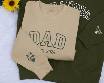 Embroidered Dad Sweatshirt, Personalized Kids Names on Sleeve Sweater, Grandpa Est Year Shirt, Birthday Gifts for Dad, Father's Day Gifts