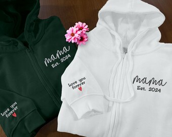 Custom Embroidered Mama Hoodie, Personalized Kids Name/text on Sleeve Hoodie, Customized Est Date Mom Zip Up Hoodie, Grandma Gifts for Mom