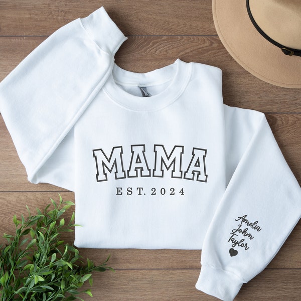 Custom Embroidered Mama Sweatshirt, Personalized Mom Est Date with Name Sleeve Outfit, New Mama Pregnancy Announcement Top, Mother Day Gifts