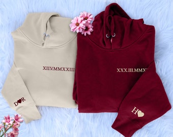 Custom Anniversary Hoodie, Embroidered Roman Date Hoodie, Personalized Couple's Names Initial Unisex Hoodie, Long Distance Gifts For Hubby