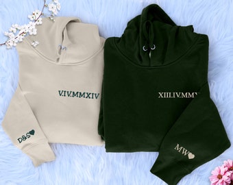 Roman Numeral Matching Hoodies for Couple, Custom Embroidered Matching Anniversary Hoodie, Personalized Initial Date Hoodie, Gifts for Wife