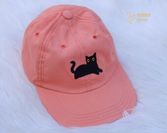 Embroidered Black Cat Camping Hats, Cute Cat Summer Hats, Couple Matching Black Caps, Low Profile Cotton Caps, Easyfit Adjustable Hats Gifts