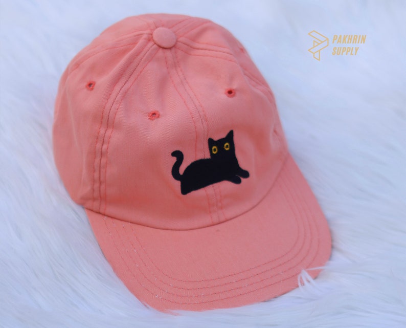 Embroidered Black Cat Camping Hats, Cute Cat Summer Hats, Couple Matching Black Caps, Low Profile Cotton Caps, Easyfit Adjustable Hats Gifts Hot Pink