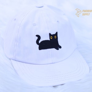 Embroidered Black Cat Camping Hats, Cute Cat Summer Hats, Couple Matching Black Caps, Low Profile Cotton Caps, Easyfit Adjustable Hats Gifts White