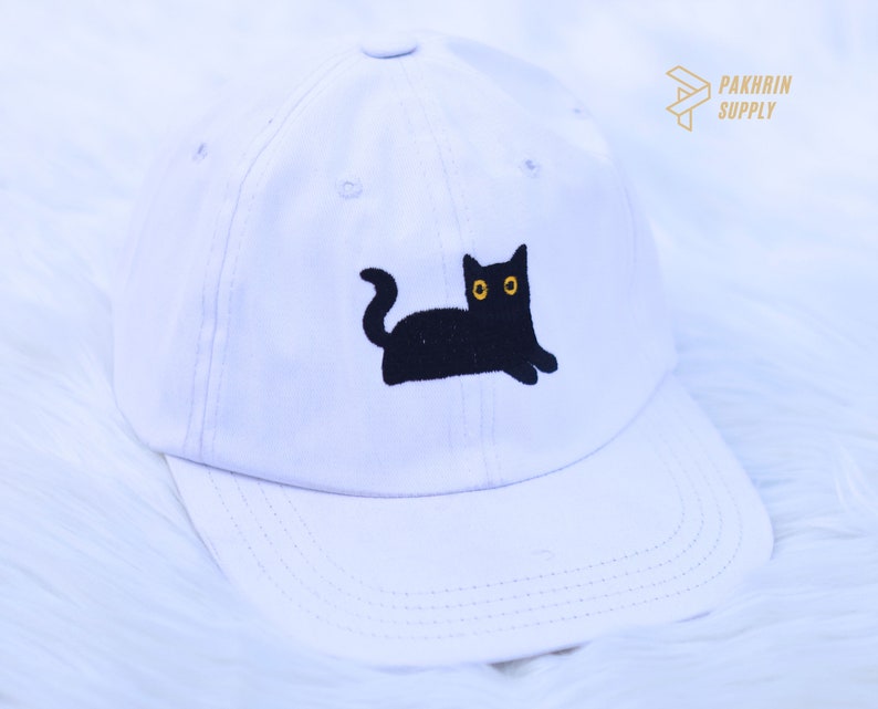 Embroidered Black Cat Camping Hats, Cute Cat Summer Hats, Couple Matching Black Caps, Low Profile Cotton Caps, Easyfit Adjustable Hats Gifts White