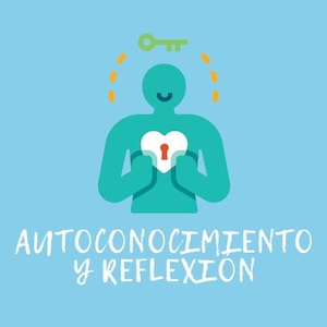 May include: A teal blue illustration of a person holding a heart with a keyhole in the centre. The person is smiling and has a key above their head. The text "AUTOCONOCIMIENTO y REFLEXION" is below the illustration.