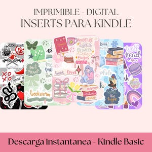 Könnte beinhalten: Digitale, druckbare Kindle-Einsätze mit verschiedenen Designs. Die Einsätze zeigen Illustrationen von Büchern, Schmetterlingen und inspirierenden Zitaten. Der Text enthält "Adventure awaits between the pages" und "Bookworm".