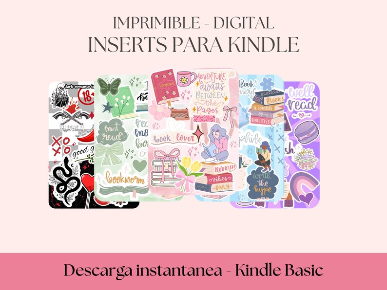 Pode incluir: Inser&ccedil;&otilde;es digitais imprim&iacute;veis para Kindle com v&aacute;rios designs. As inser&ccedil;&otilde;es apresentam ilustra&ccedil;&otilde;es de livros, borboletas e cita&ccedil;&otilde;es inspiradoras. O texto inclui "Adventure awaits between the pages" e "Bookworm".