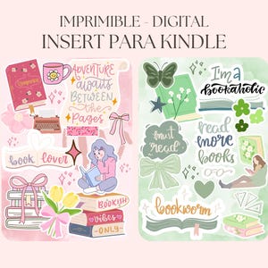 Pode incluir: Autocolantes digitais imprim&iacute;veis para Kindle, com um design em aquarela rosa e verde. Os autocolantes incluem ilustra&ccedil;&otilde;es de livros, flores e frases como "A aventura espera entre as p&aacute;ginas" e "Sou um rato de biblioteca."