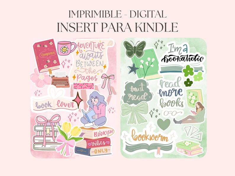 Pode incluir: Autocolantes digitais imprim&iacute;veis para Kindle, com um design em aquarela rosa e verde. Os autocolantes incluem ilustra&ccedil;&otilde;es de livros, flores e frases como "A aventura espera entre as p&aacute;ginas" e "Sou um rato de biblioteca."