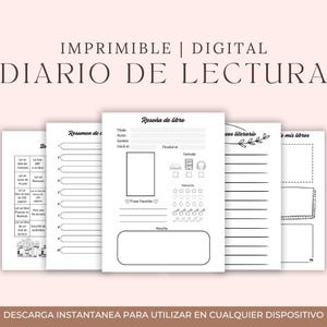 Puede incluir: Diario de lectura imprimible digital con páginas para reseñas de libros, resúmenes y notas. El diario incluye secciones para título, autor, género y cita favorita. El texto "DIARIO DE LECTURA" se muestra en la parte superior.