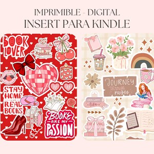 Pode incluir: Folha de adesivos digital imprim&iacute;vel para Kindle, com tema vermelho e rosa. Os adesivos incluem cora&ccedil;&otilde;es, livros, la&ccedil;os e as frases "Book Lover", "Stay Home, Real Books" e "Books are my Passion."