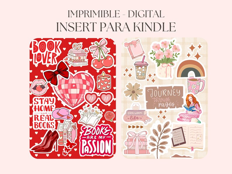 Pode incluir: Folha de adesivos digital imprim&iacute;vel para Kindle, com tema vermelho e rosa. Os adesivos incluem cora&ccedil;&otilde;es, livros, la&ccedil;os e as frases "Book Lover", "Stay Home, Real Books" e "Books are my Passion."