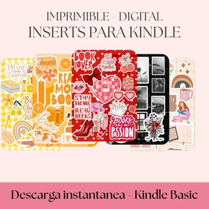 Pode incluir: Inser&ccedil;&otilde;es digitais para Kindle com v&aacute;rios designs. Uma apresenta um tema amarelo com livros e um gato, outra um tema vermelho com cora&ccedil;&otilde;es e sapatos, e uma terceira com fotos em preto e branco e flores. Texto: "IMPRIMIBLE - DIGITAL INSERTS PARA KINDLE".
