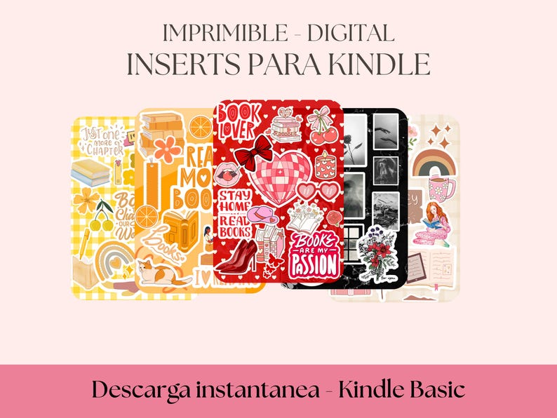 Pode incluir: Inser&ccedil;&otilde;es digitais para Kindle com v&aacute;rios designs. Uma apresenta um tema amarelo com livros e um gato, outra um tema vermelho com cora&ccedil;&otilde;es e sapatos, e uma terceira com fotos em preto e branco e flores. Texto: "IMPRIMIBLE - DIGITAL INSERTS PARA KINDLE".