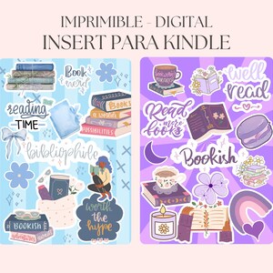Pode incluir: Insert digital para Kindle com um tema azul claro e roxo. O design inclui ilustra&ccedil;&otilde;es de livros, flores e frases como "reading time" e "bookish". O texto "IMPRIMIBLE - DIGITAL INSERT PARA KINDLE" est&aacute; no topo.