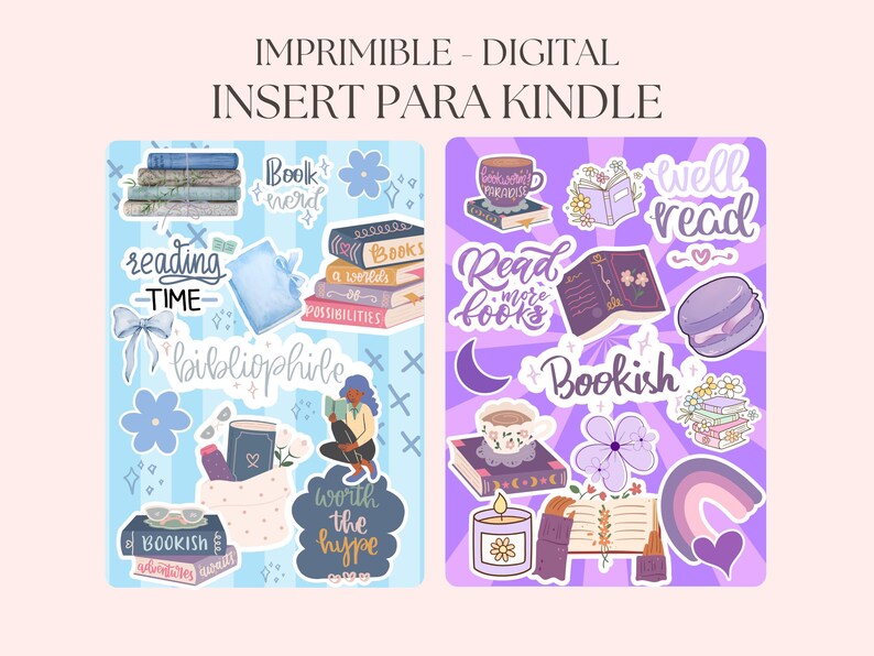 Pode incluir: Insert digital para Kindle com um tema azul claro e roxo. O design inclui ilustra&ccedil;&otilde;es de livros, flores e frases como "reading time" e "bookish". O texto "IMPRIMIBLE - DIGITAL INSERT PARA KINDLE" est&aacute; no topo.