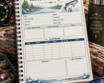 Registro de pesca fluvial imprimible, diario de pesca en PDF, registro de capturas, cuaderno de bitácora del pescador, registro de longitud y peso de los peces