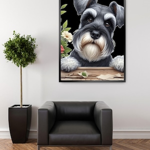 May include: A black and white miniature schnauzer dog peeking over a wooden surface with flowers behind it. The dog has a black nose and a white beard.