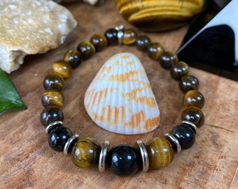 Tiger Eye and Obsidian Bracelet, 8mm. and 10mm., Root Chakra, Solar Chakra, Crown Chakra, Healing Bracelet, silver accents