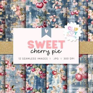 Könnte beinhalten: Digitales Papier-Set mit Kirsch- und Blumenmustern in Rot, Rosa und Blau. Die Designs umfassen Kirschen, Blumen und eine Used-Textur. Der Text "Sweet cherry pie" wird auf einem rosa Hintergrund mit einem goldenen Banner angezeigt.