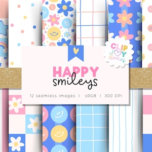 May include: A collection of 12 seamless digital patterns featuring blue, pink, and yellow motifs including smiley faces, flowers, stars, rainbows, and grids. The central label displays the text HAPPY smileys and CLIP JOY STUDIOS.